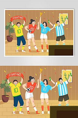 温馨足球欢呼胜利人物元素插画
