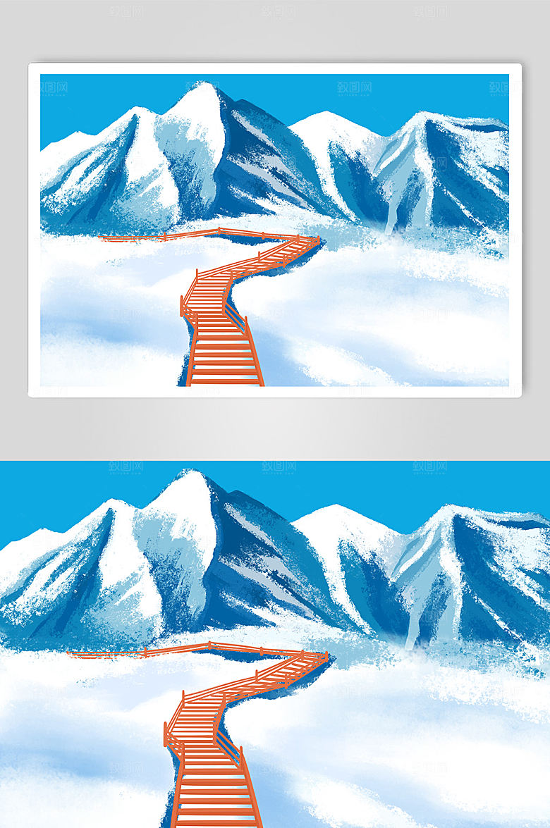蓝白丽江玉龙雪山城市雪景插画设计