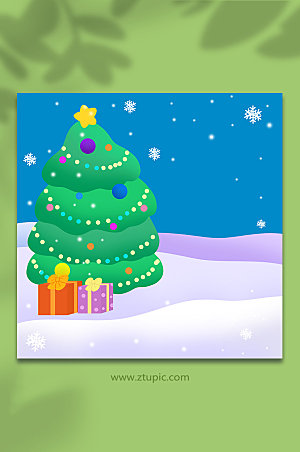 蓝绿圣诞节圣诞树雪地卡通背景图