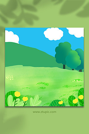 绿色蓝天草坪风景插画背景设计图