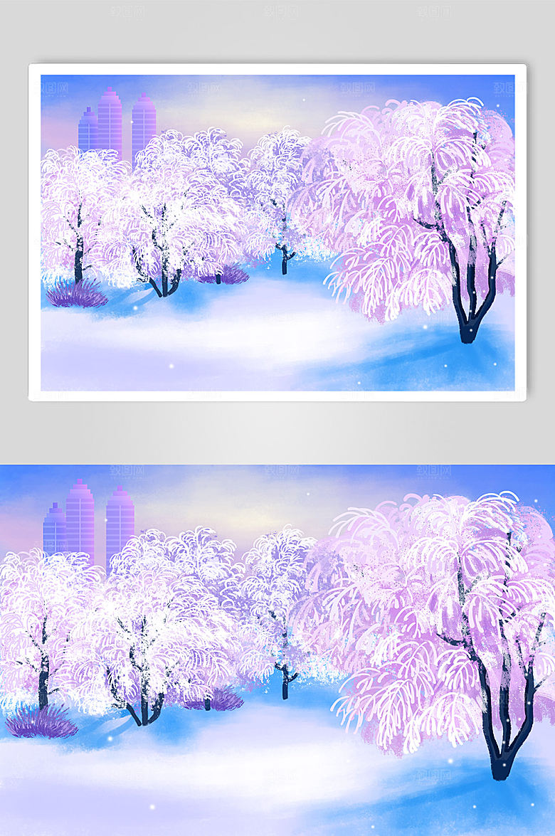 紫色吉林雾凇城市雪景精美插画