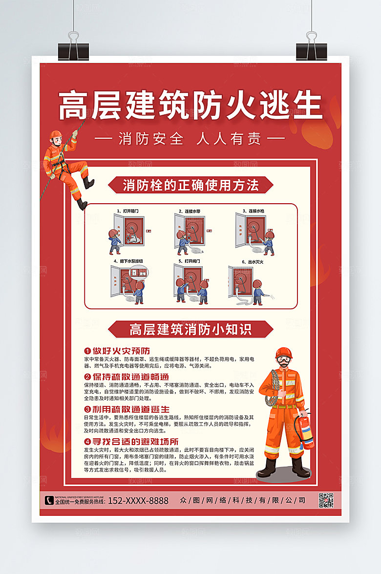 大气消防高层防火逃生知识海报