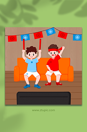 喜悦世界杯比赛球迷小孩加油场景插画