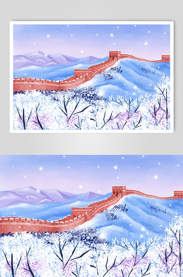 蓝白长城雪景城市雪景卡通插画