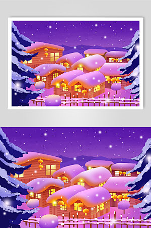 紫色星空夜景城市雪景唯美插画