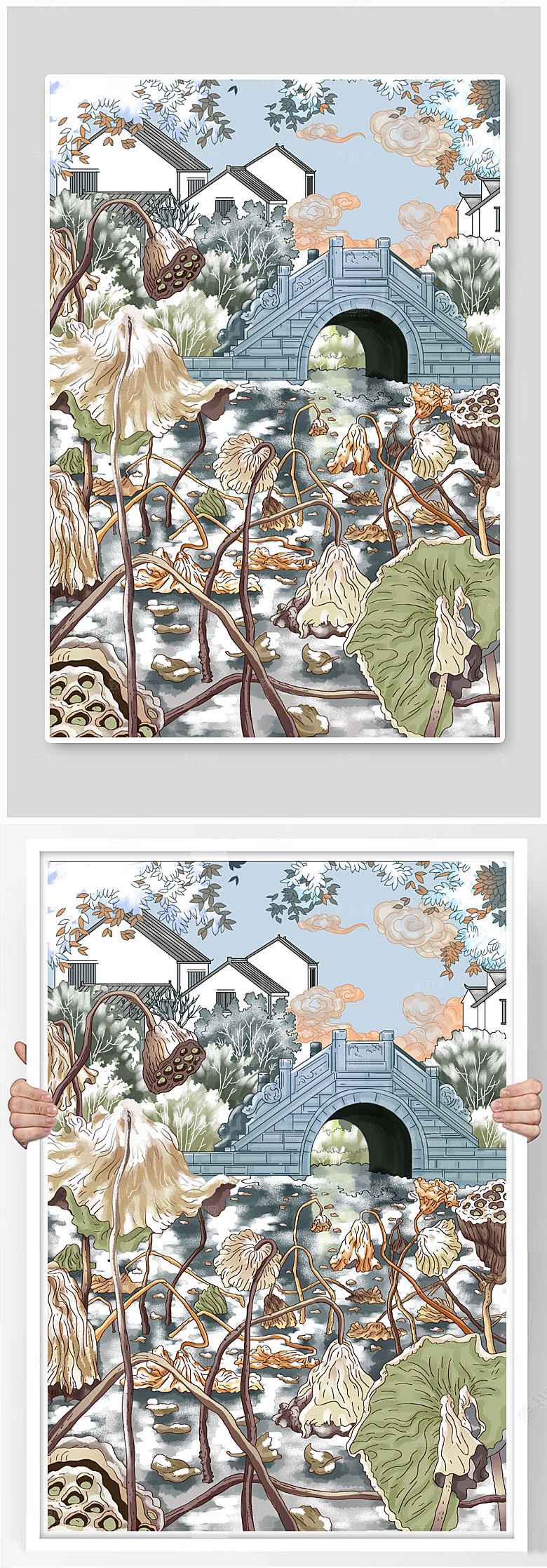 古风冬季江南风景城市雪景建筑插画