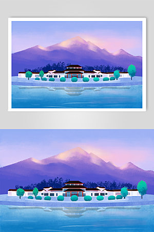 紫色大港旺宝国际饭店建筑插画设计