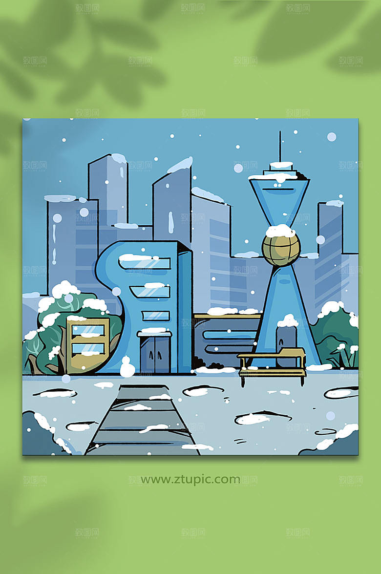 蓝色冬天下雪天气城市建筑插画