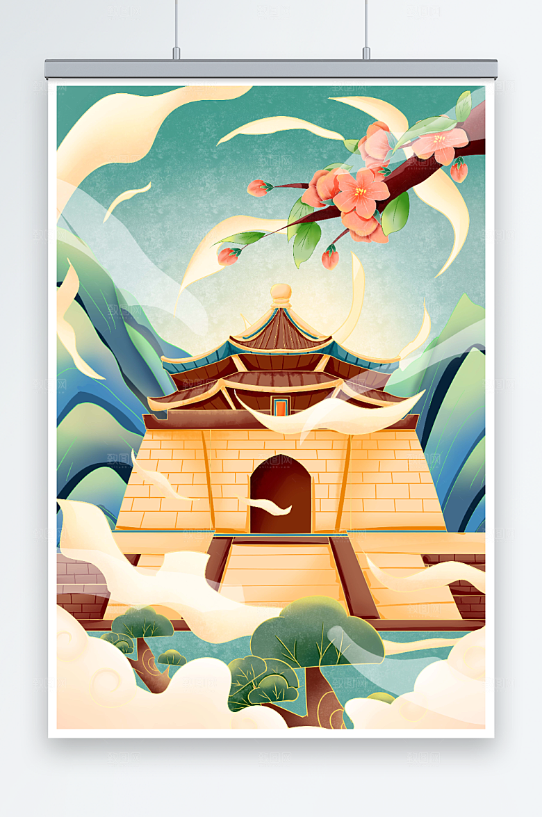 蓝色台湾地标建筑插画设计