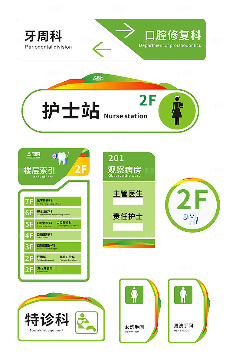 绿色口腔医院导视门牌科室牌设计
