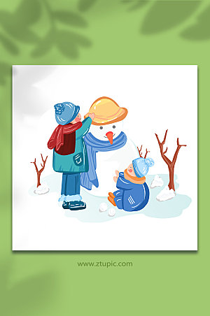 亲子堆雪人冬季人物元素精美插画