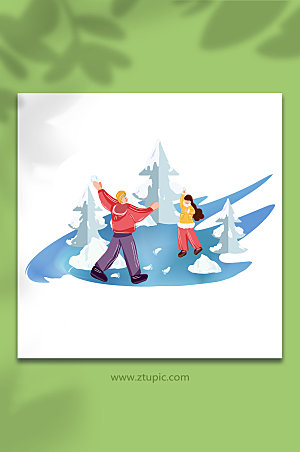 卡通打雪仗冬季人物元素原创插画