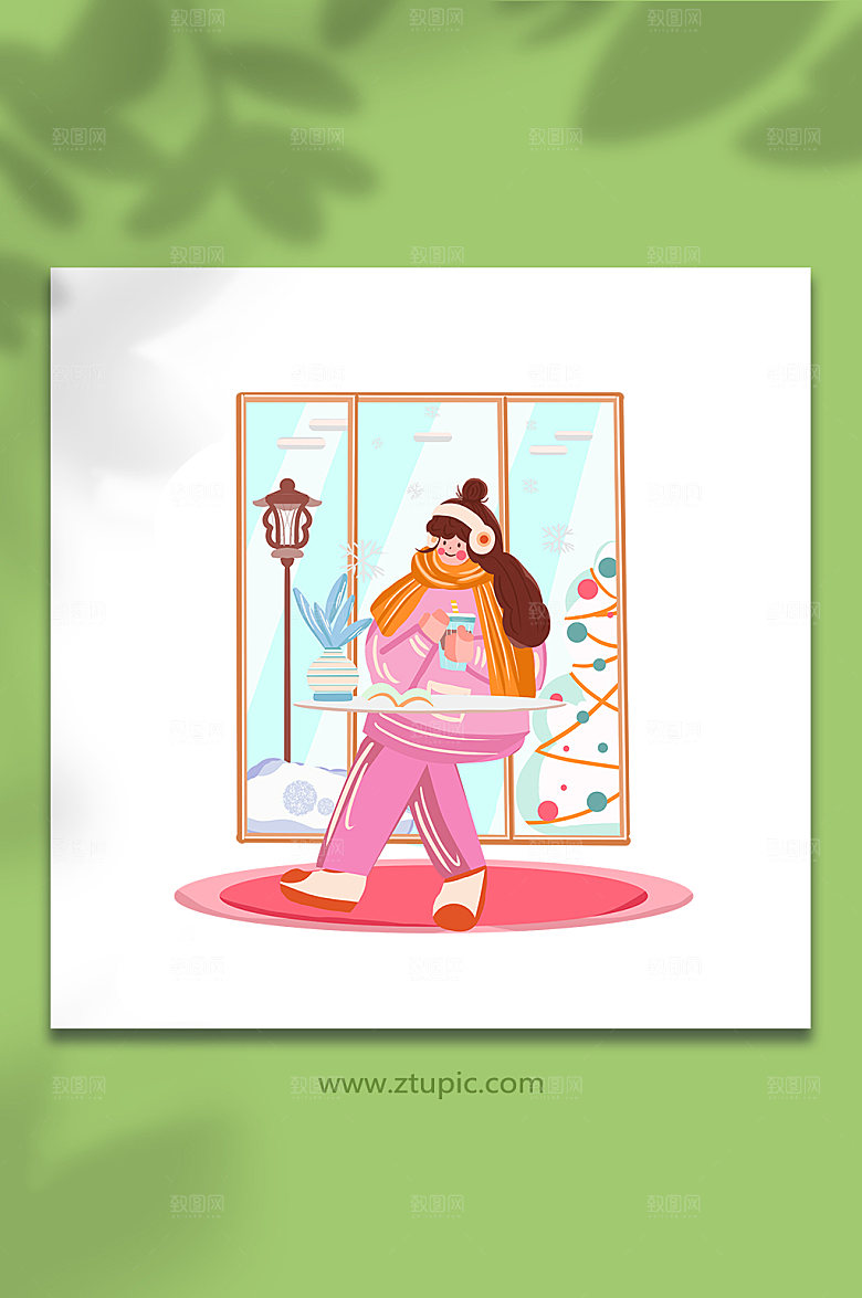 粉色女孩喝咖啡冬季人物素材插画