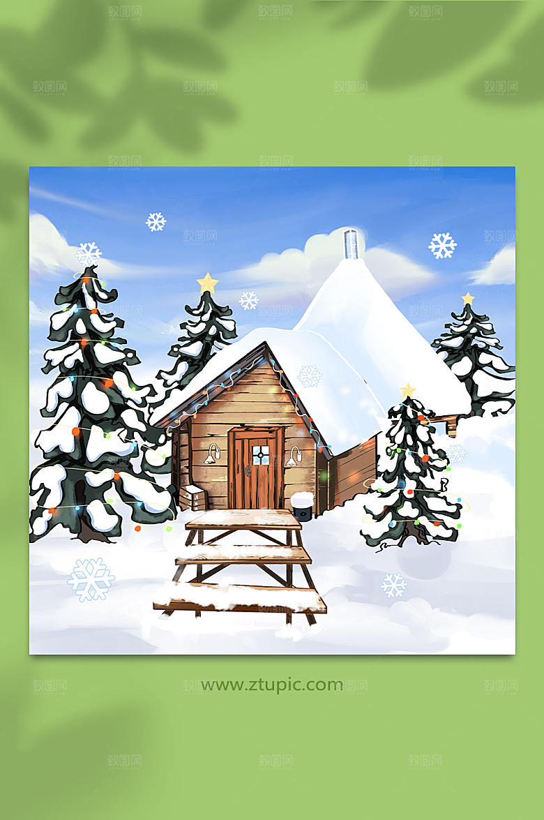 唯美冬季雪景城市雪景浪漫插画