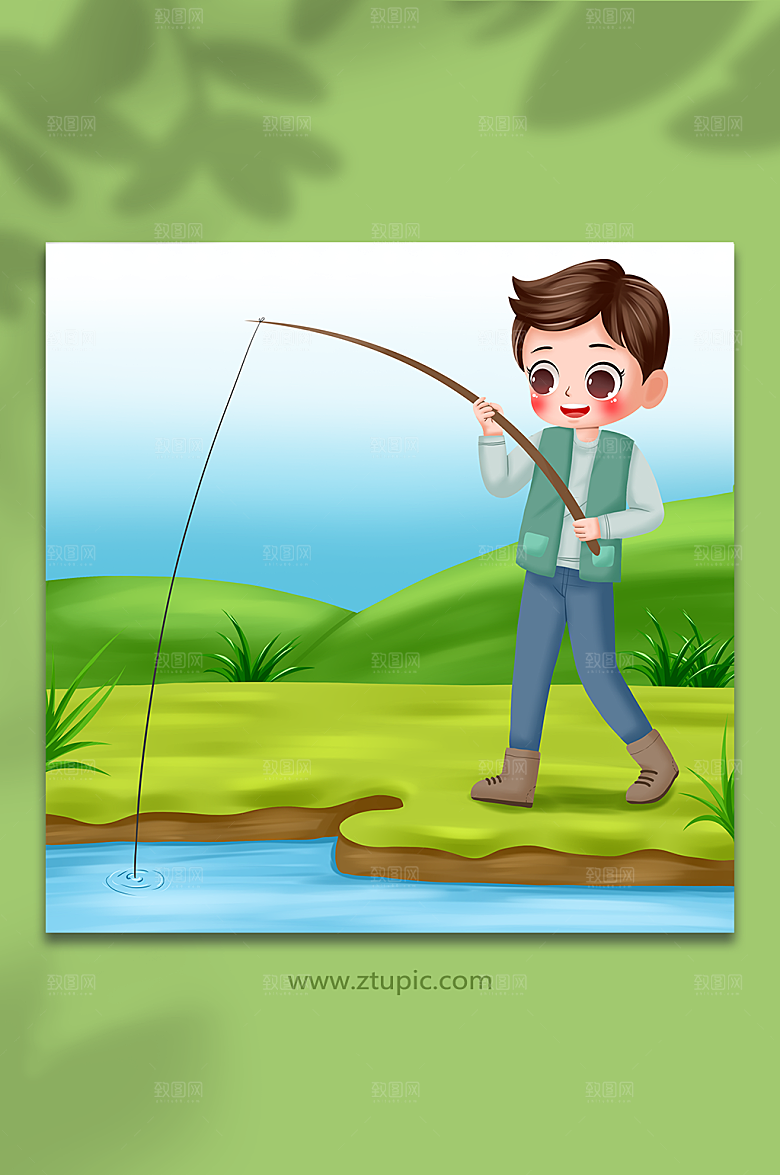 绿色可爱男孩垂钓人物卡通插画