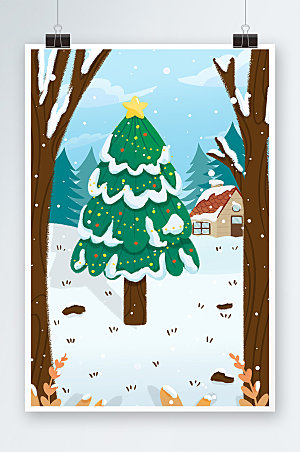 洁白圣诞节冬天户外绿树背景图