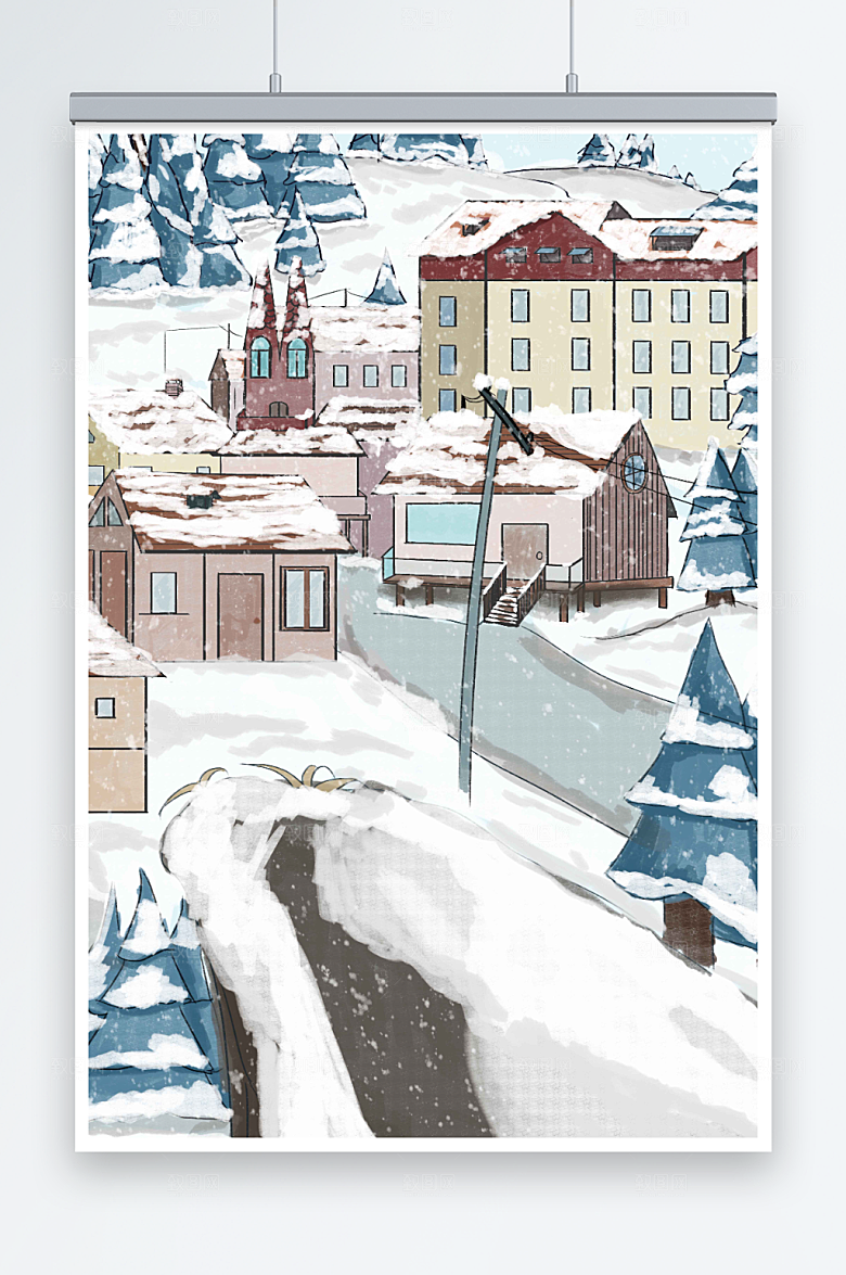 卡通森林里的下雪风景城市插画图