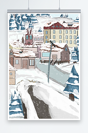 卡通森林里的下雪风景城市插画图