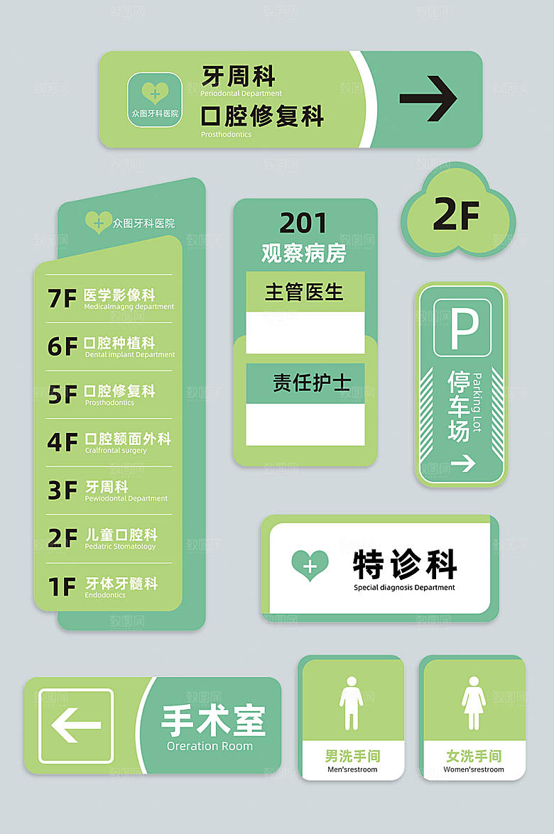 绿色口腔医院简洁导视门牌科室牌