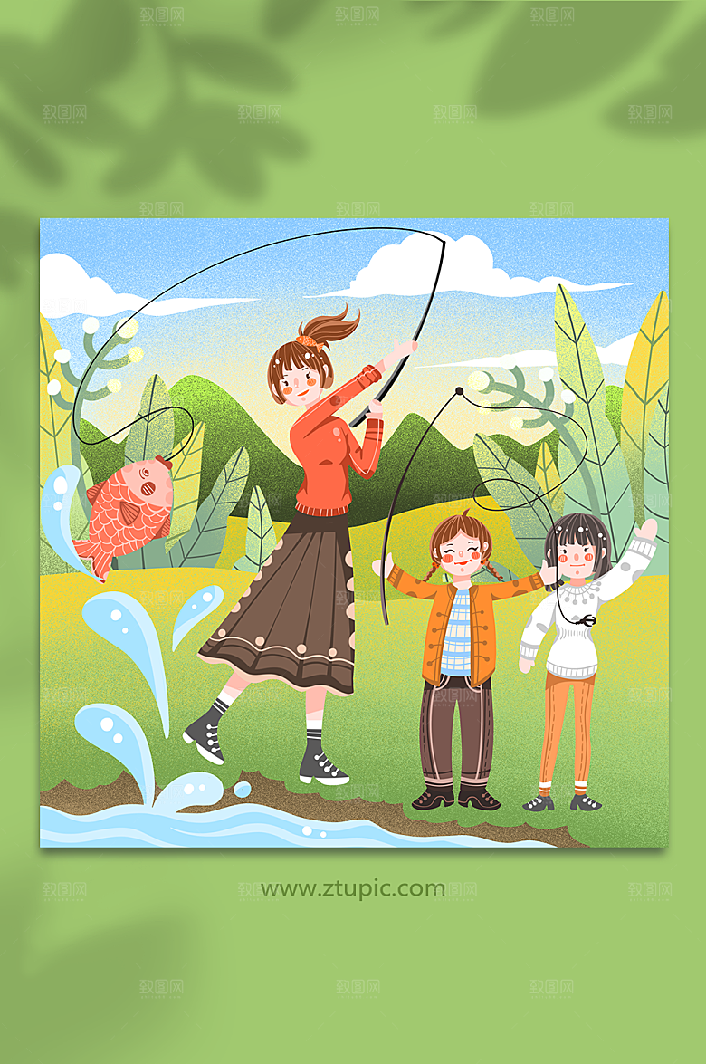 唯美女孩捕鱼郊游人物卡通插画