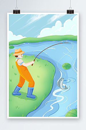 蓝绿清新河流垂钓钓鱼人物插画设计