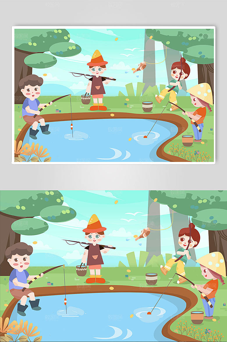 蓝色森林湖泊室外垂钓卡通人物插画