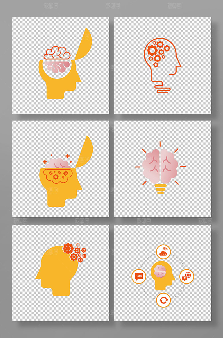 黄色矢量灯泡大脑创意元素插画