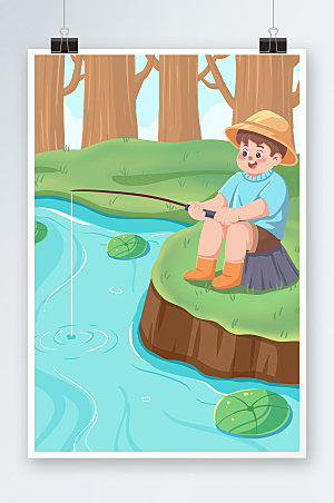 森林溪流河流垂钓钓鱼人物素材插画