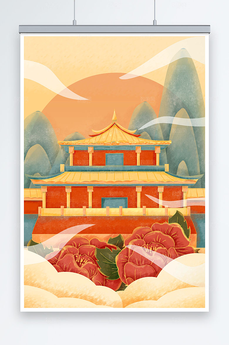 简约国潮风台湾地标建筑精美插画
