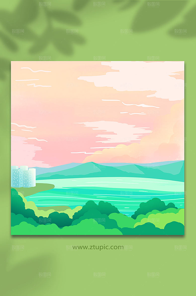 绿色澳门旅游风光唯美插画背景图