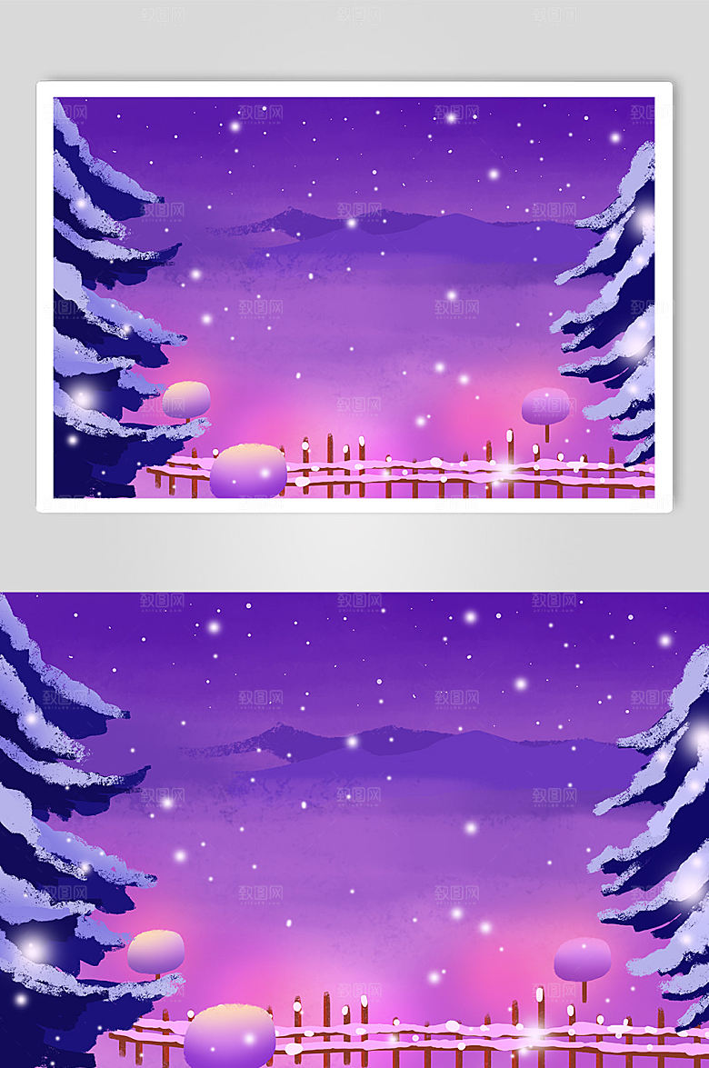 紫色东北雪乡雪景精美插画背景图