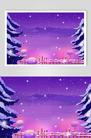 紫色东北雪乡雪景精美插画背景图