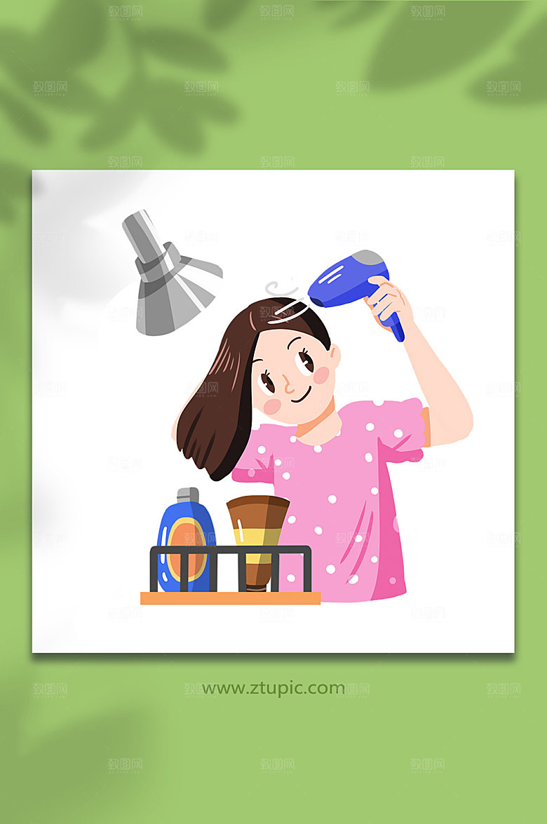 简约女性吹头发头部护理元素插画