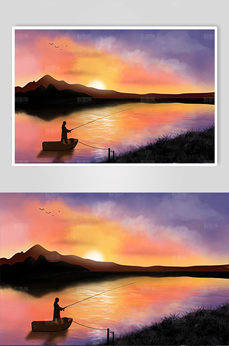 精美夕阳远山小船垂钓人物插画设计