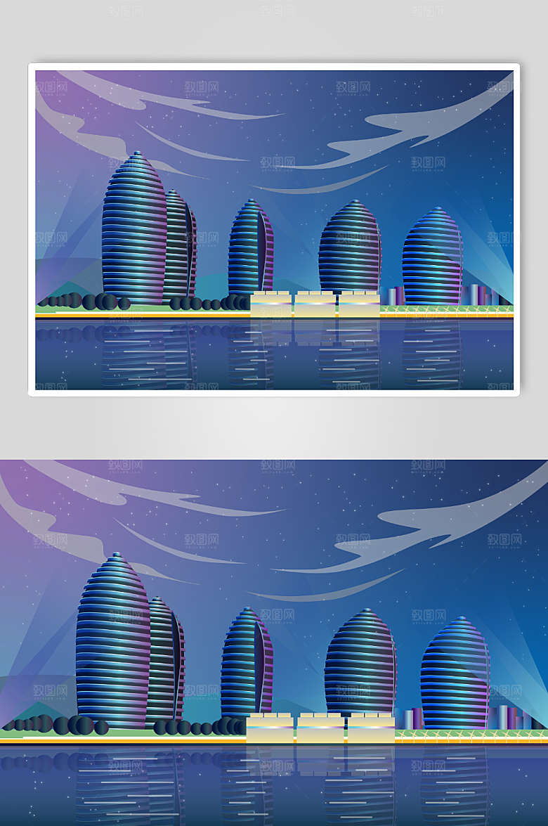 蓝色三亚地标城市建筑唯美插画