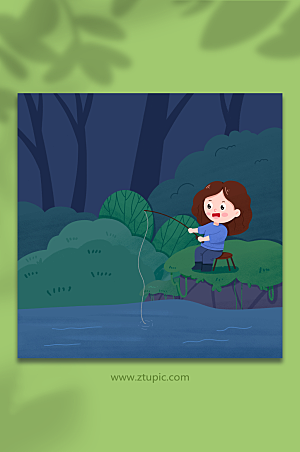 可爱女孩在晚上钓鱼人物精美插画