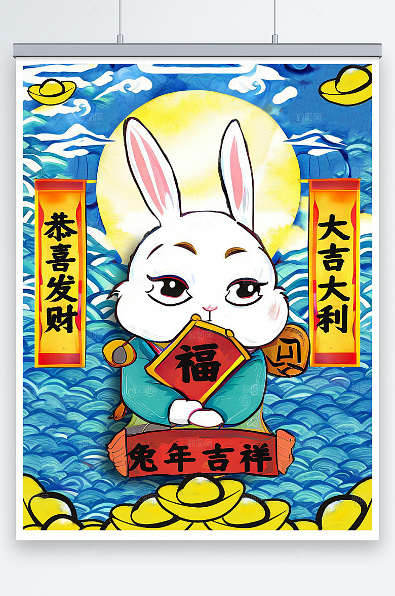 蓝色兔年吉祥国潮风新年插画海报