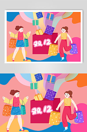 彩色双十二大促销购物狂欢人物插画