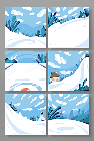 蓝色冬季雪景雪地组合背景图设计