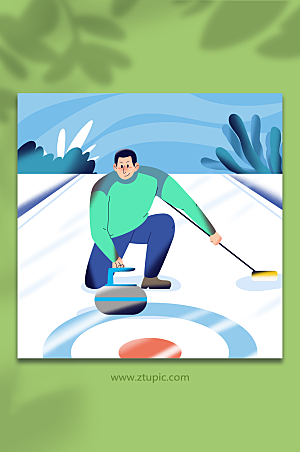 蓝色男生冰壶冬季运动人物精美插画