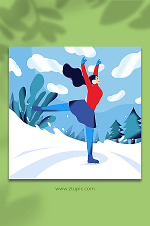 蓝色女生冰刀冬季运动人物素材插画