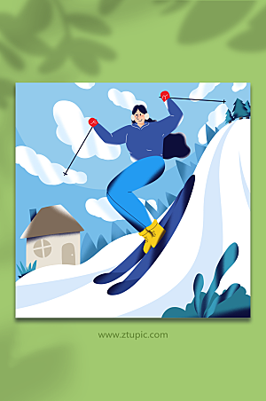 大气女生滑雪冬季运动人物插画设计