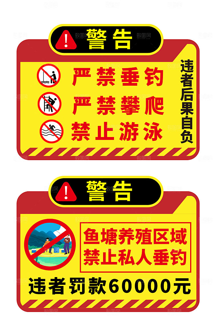 黄色禁止垂钓钓鱼警告警示牌