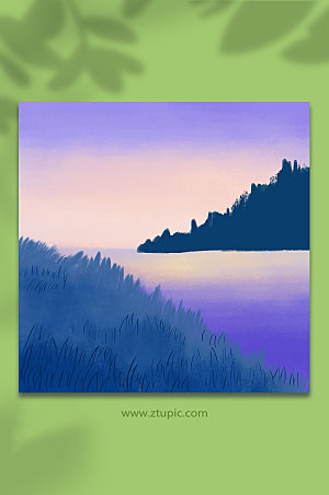 紫色湖水风光垂钓插画背景图设计