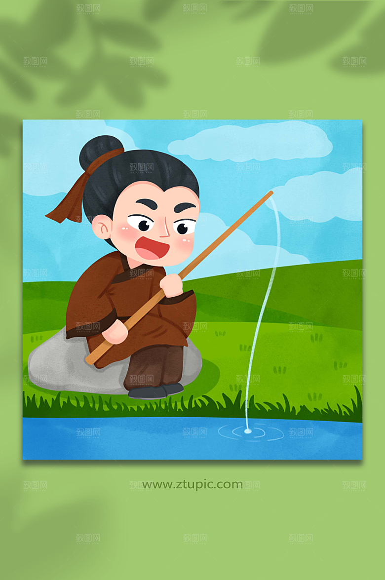 大气古风可爱垂钓人物插画设计