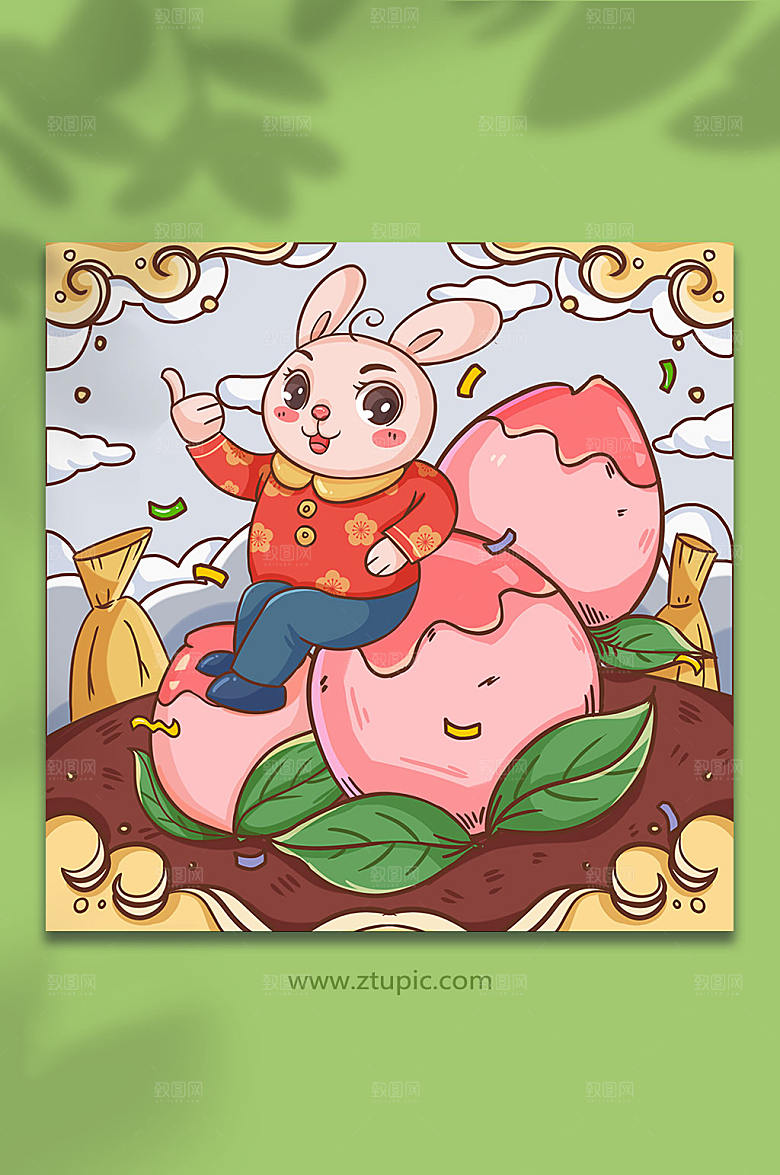 卡通寿桃祝福兔年新年插画