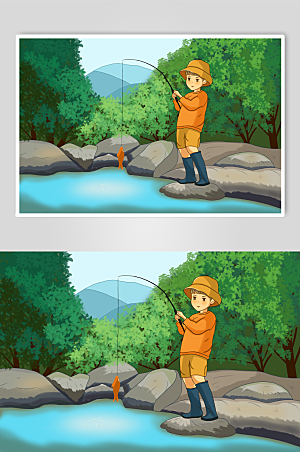 绿色森林湖泊垂钓卡通人物插画