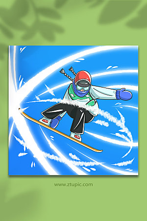 蓝白滑雪冬季运动人物创意插画