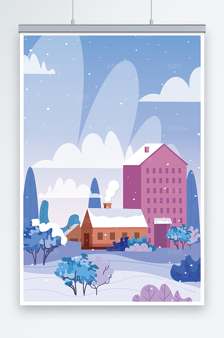 温馨冬季雪景乡村AI矢量插画