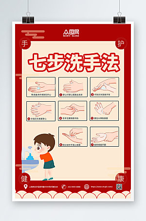 简洁红色七步洗手法宣传海报